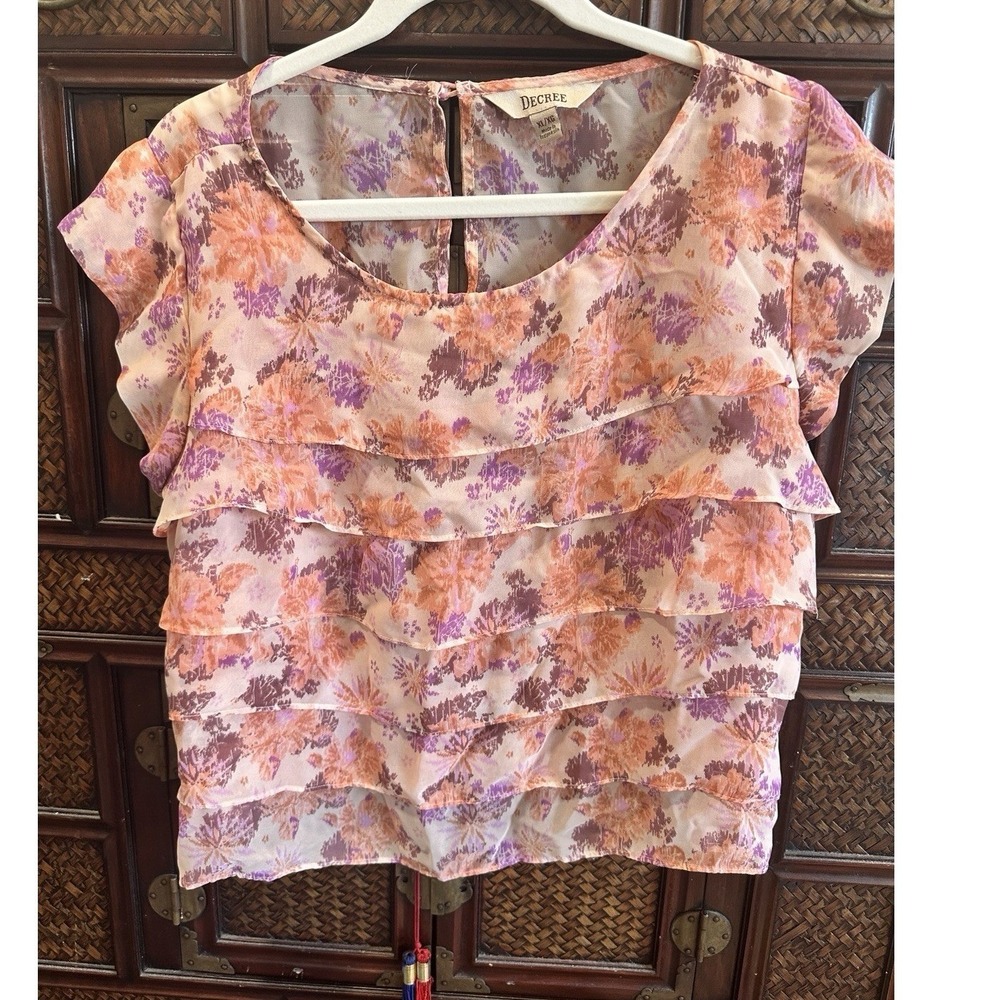 Y2K DECREE Womens Crop Top Pink Floral Ruffles Short Sleeve Fairy Cottagecore XL
